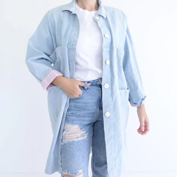 Vintage Green Village Blue Chambray Button  Down Jacket 40 - Picture 3 of 16